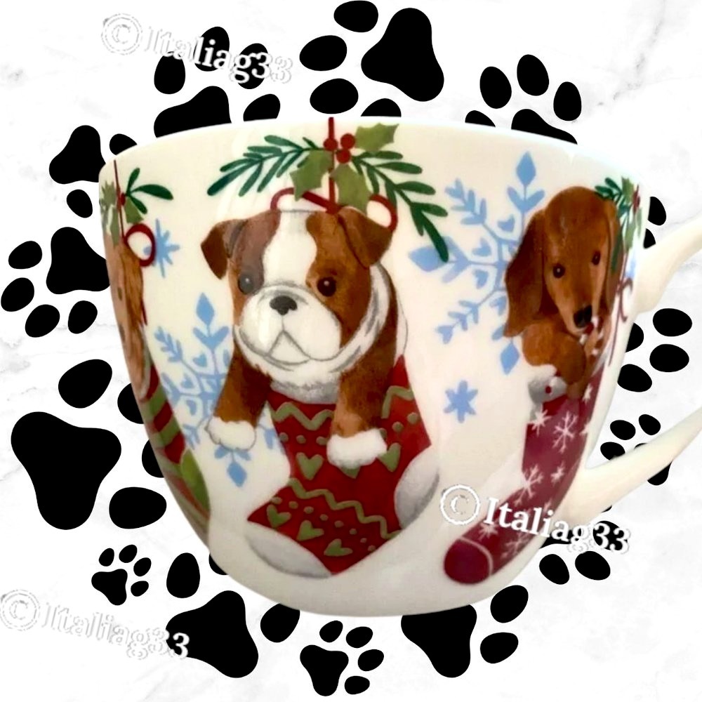 Portobello By Design Cup Mugs Dogs in Stockings Holiday Warm Wishes Bone China - Picture 11 of 12